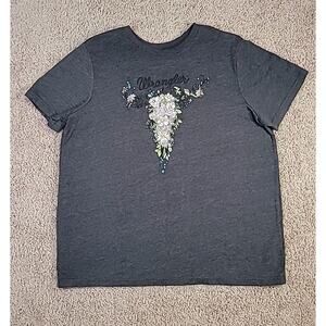 Wrangler Cowgirl Rodeo Tee Cow Skull Floral Gray T-Shirt Women’s L • EUC